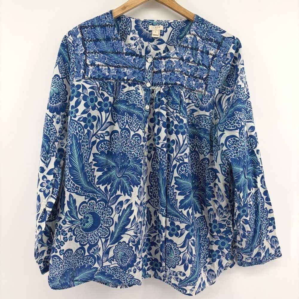 J.Crew Womens Large Blue White Tropical Floral‎ Cotton Short Sleeve Button Down